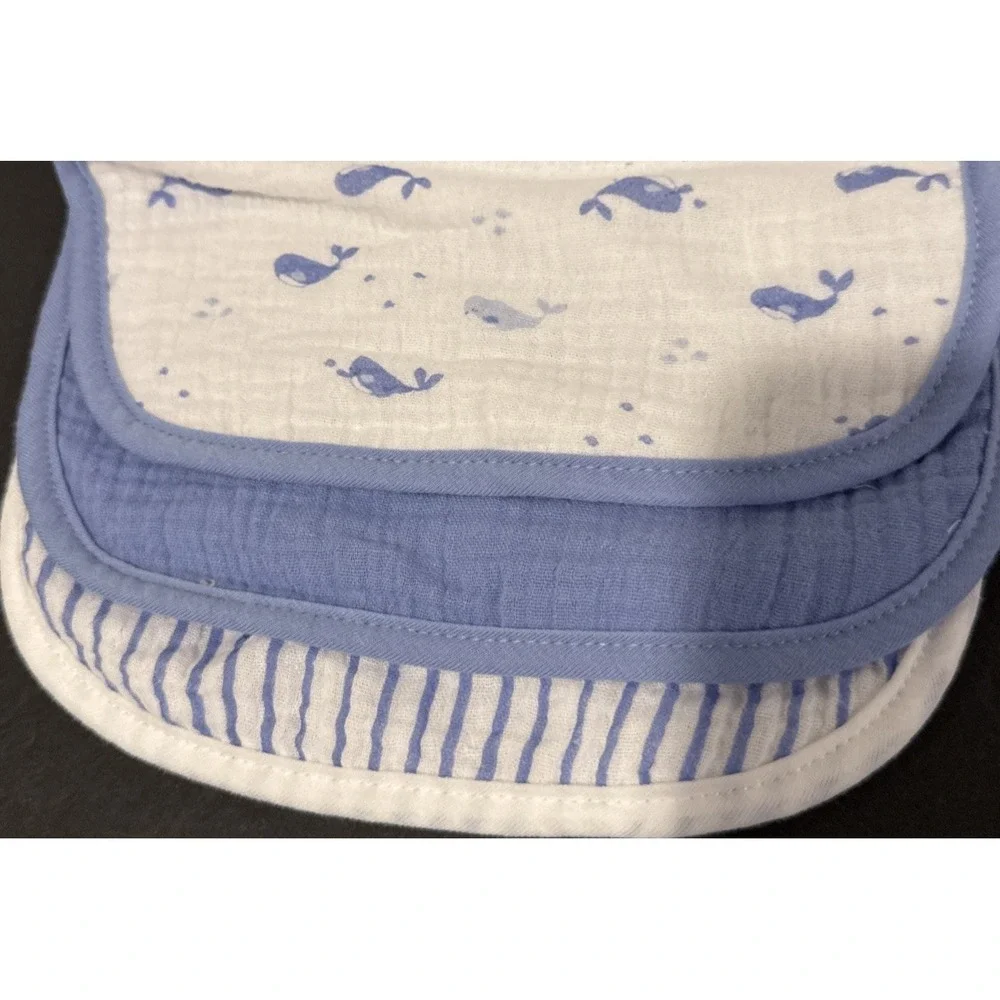 NWT Muslin 3 Pack Nautical Baby Bibs Absorbent Whales Stripes & Solid DreamGro